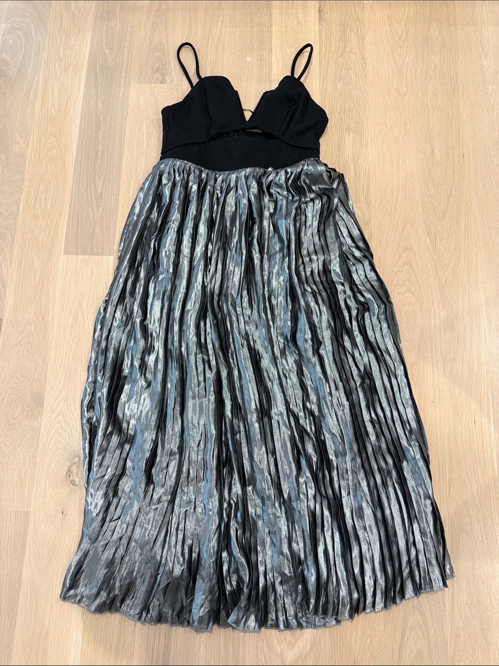 Free People Black Bodice Silver Metallic Pleated Midi Dress